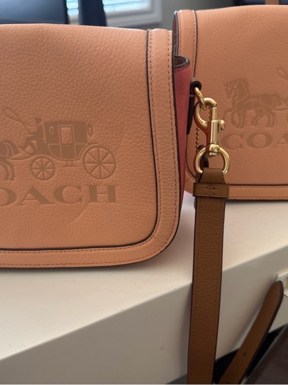 Coach Pebbled Leather Crossbody in Tan with Pink Trim - Picture 1 of 4